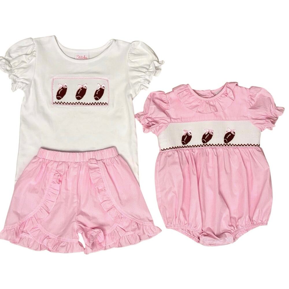 Stitchy Fish Football Sister Set Girls 4T Baby 9M Smocked Pink Gingham Game Day